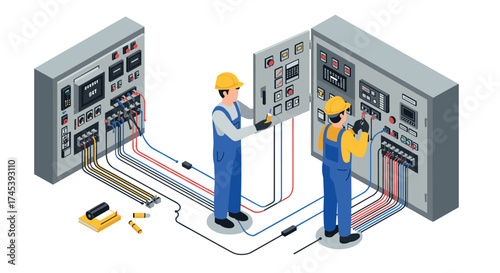 Technicians working on electrical control systems in isometric design
