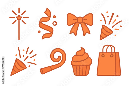 Set of festive celebration symbols including party poppers, cupcake, gift bow, and magic wand