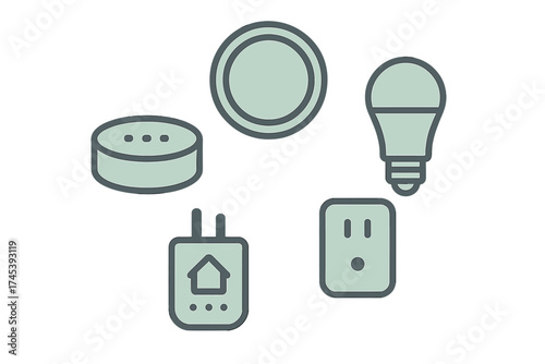Essential smart home technology devices set featuring a speaker, light bulb, thermostat, and power outlet symbols