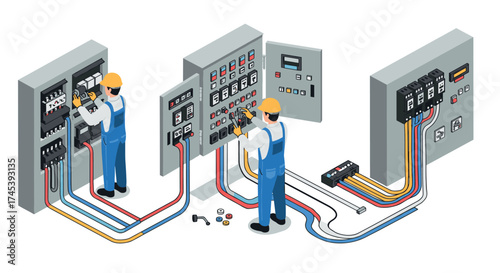 Technicians wiring electrical panels in isometric style