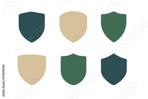 Six minimalist shield shapes in earthy tones representing security and protection