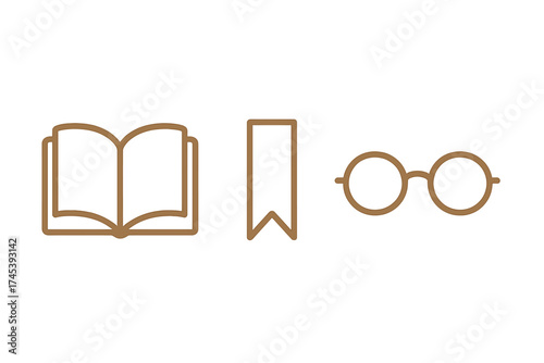 Minimalist line icons set of an open book, bookmark, and round reading glasses for education and literature