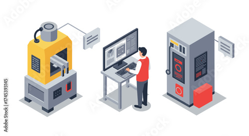 Isometric factory automation with industrial machinery and engineer