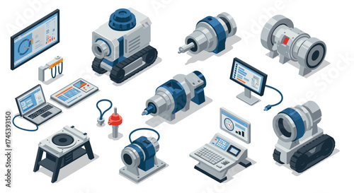 Isometric industrial machine concepts with robotics and analytics elements