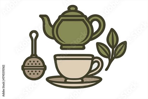 Traditional tea brewing set with teapot, cup, saucer, infuser, and fresh green leaves