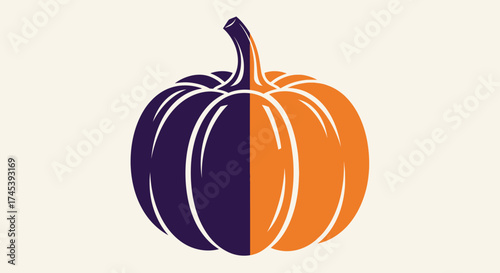 A stylized pumpkin illustration, divided vertically into purple and orange halves, on a cream background.
