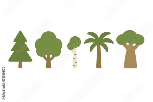 Diverse set of simple stylized trees featuring various species like pine, palm, and birch