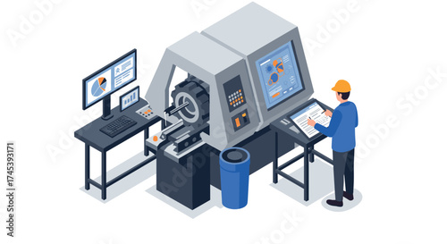 Engineer operating cnc machine in modern isometric factory setting