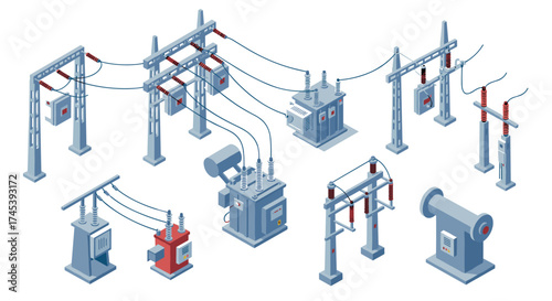 Isometric power substation equipment set with transformers and electrical structures