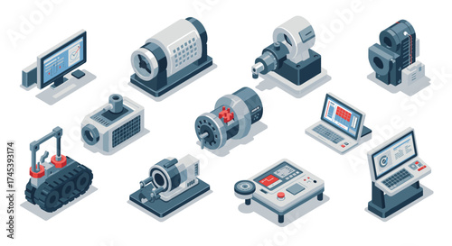 Isometric industrial machines and computer equipment set for technology and manufacturing
