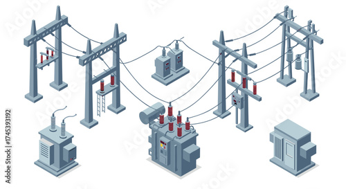 Isometric power grid elements with transformers and utility poles