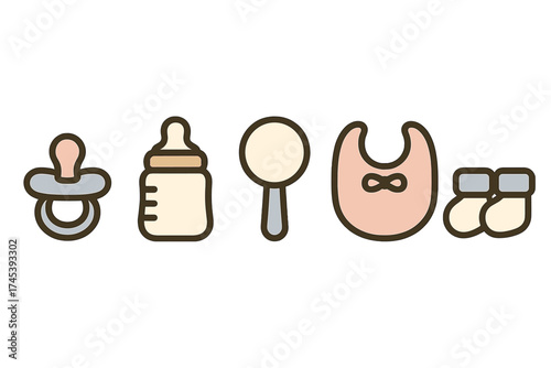 Minimalist set of newborn baby care essentials pacifier bottle bib rattle booties