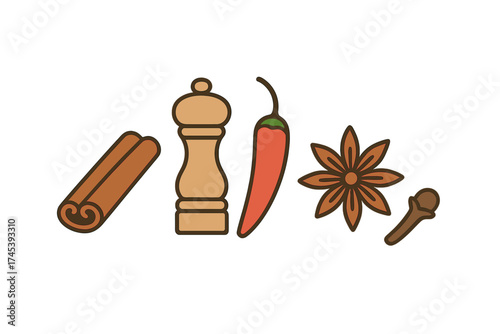 Assortment of essential kitchen spices and seasonings like cinnamon, chili, star anise, and a wooden pepper mill