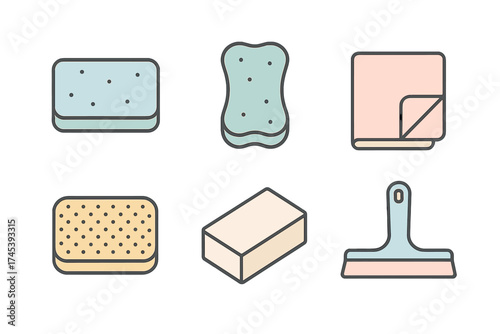 Collection of various cleaning tools and supplies including sponges, cloth, and squeegee