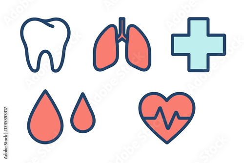 Essential medical and healthcare symbols featuring human anatomy and first aid concepts
