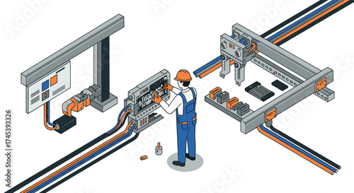 Engineer in isometric factory setting with control panels and machinery
