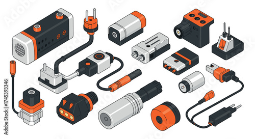 Isometric electronic device plugs and connectors in modern design