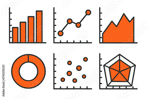 Essential financial and statistical data graphs set including bar line area and scatter charts