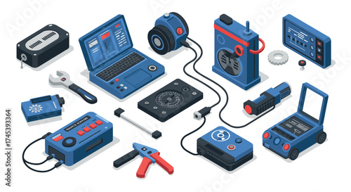 Isometric electronics and tools set with gadgets and devices in modern design