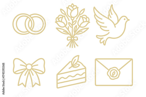 Elegant set of minimalist line art icons for wedding celebration events featuring rings bouquet dove and cake