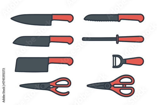 Set of kitchen knives, cleaver, sharpener, peeler, and scissors with red handles
