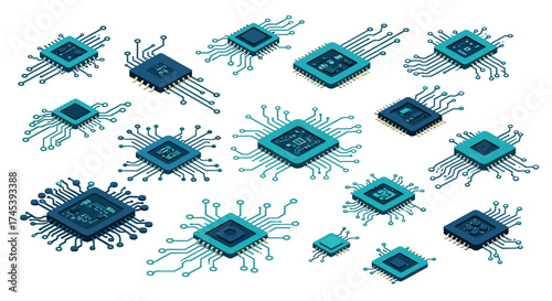 Isometric circuit board chips collection on white background