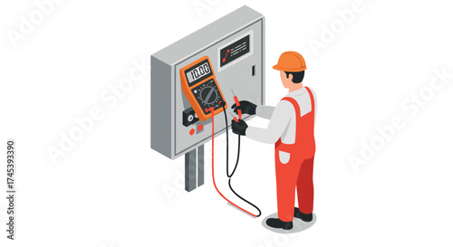 Electrician working with multimeter on control panel in isometric style