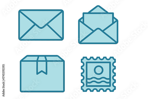 Mail and shipping icons set featuring envelopes, delivery box, and postage stamp