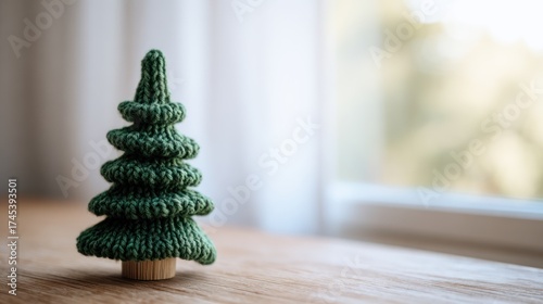 Cute knitted Christmas tree figurine against a background of yarn balls, funny crocheted toy, Christmas home decor, banner with space for text, AI-generated
