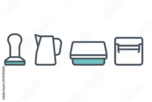 Minimalist line art icons of coffee tamper, milk frothing pitcher, and espresso accessories for cafe and home brewing
