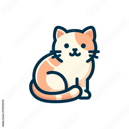 Cute cartoon cat sitting calmly with a joyful expression, surrounded by a minimalist background