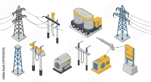 Isometric power infrastructure icons with utility poles and electrical equipment