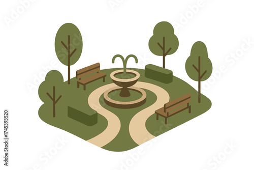 Isometric public park scene with central water fountain, walking paths, and seating areas