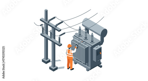 Engineer inspecting electrical transformer in isometric power station design