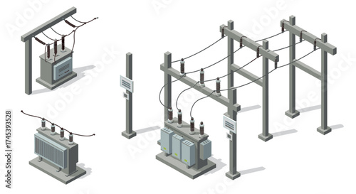 Isometric power substation set featuring transformers and electrical structures