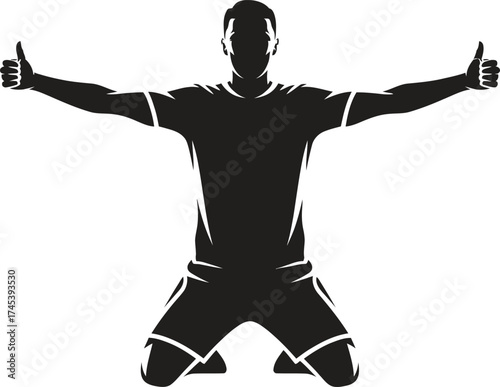 Silhouette of a soccer player celebrating a goal on his knees with arms outstretched