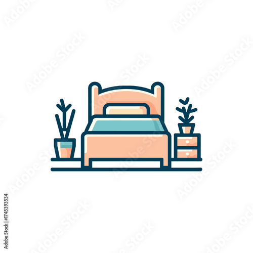 Cozy bedroom interior featuring a stylish bed, potted plants, and a bedside table