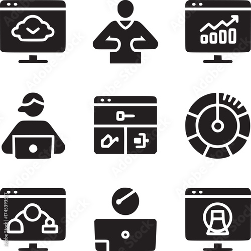 Nine black glyph icons depicting various concepts such as cloud computing and data analysis tools