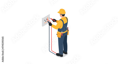 Isometric electrician working on wall socket wearing safety gear