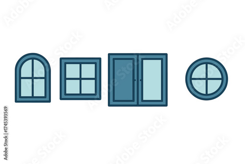 Four architectural window styles including arched, square, sliding, and circular frames