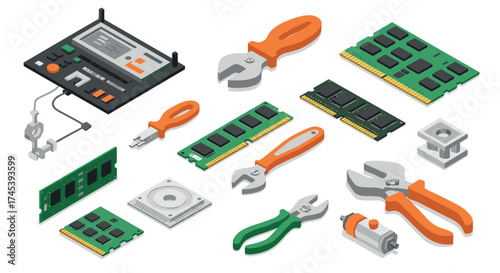 Isometric electronic components and repair tools design elements for tech projects