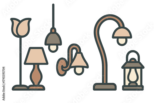 Collection of decorative household lighting fixtures including floor, table, and hanging lamps