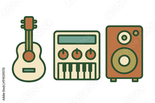 Retro musical instruments set featuring acoustic guitar, synthesizer keyboard, and large audio speaker cabinet icon design