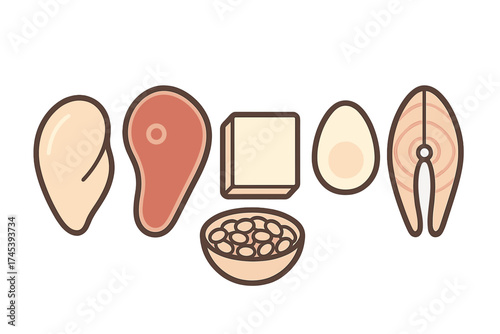 Selection of essential protein food sources: steak, chicken, salmon, egg, tofu, and beans