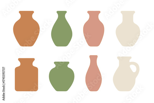 Collection of eight minimalist ceramic vases and pots in earthy pastel colors for home decor