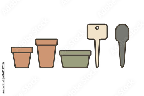 Collection of gardening tools, terracotta pots, green planter box, and plant markers