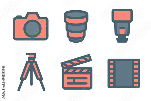 Essential photo and film production gear set including camera lens flash and tripod