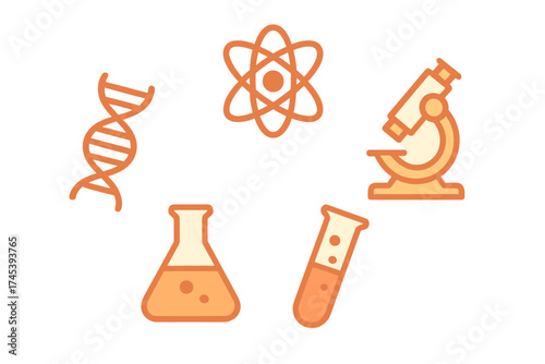Essential scientific research symbols showing DNA structure, atom model, microscope, and laboratory glassware