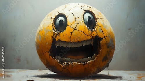 A surreal, unsettling image of a cracked, yellow smiley face with large, dark eyes and a gaping mouth, dripping.
