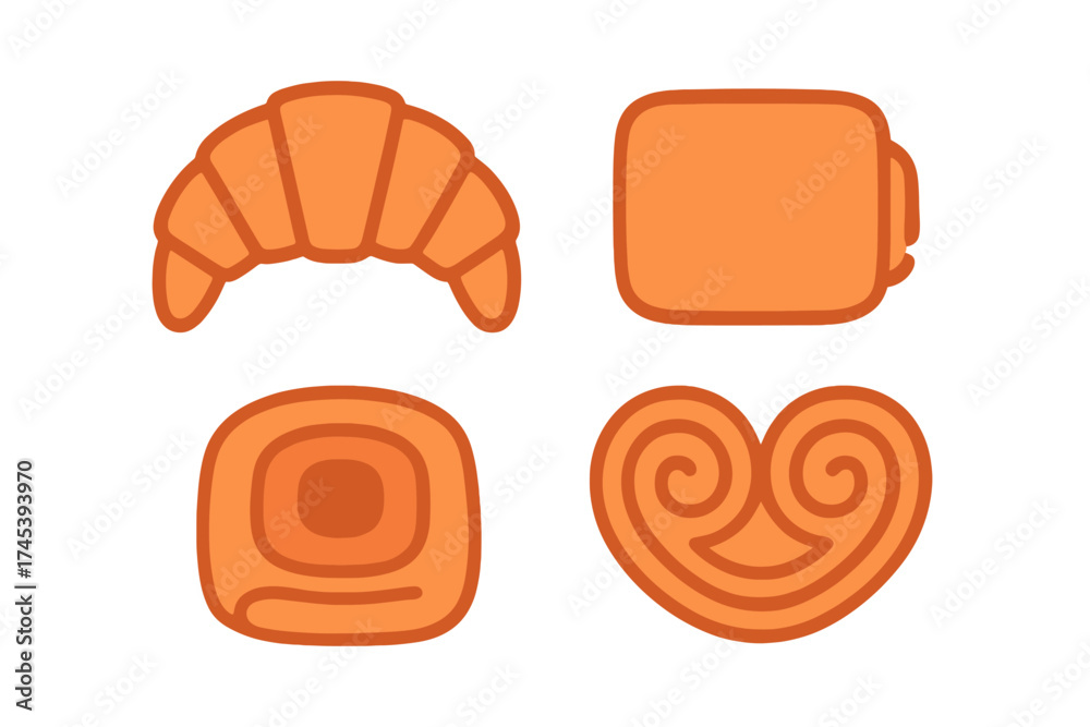 Fototapeta premium Stylized set of four classic French and European pastries including croissant and palmiers